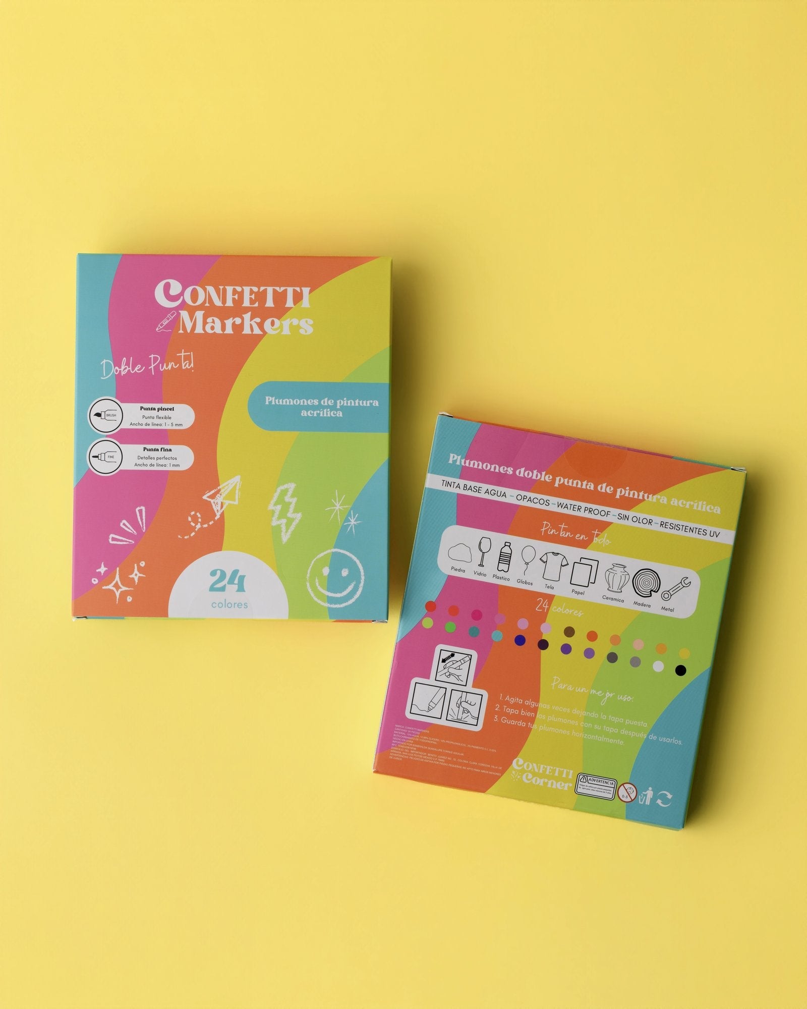 Confetti Markers 24-color double-tip acrylic paint pen set in rainbow packaging