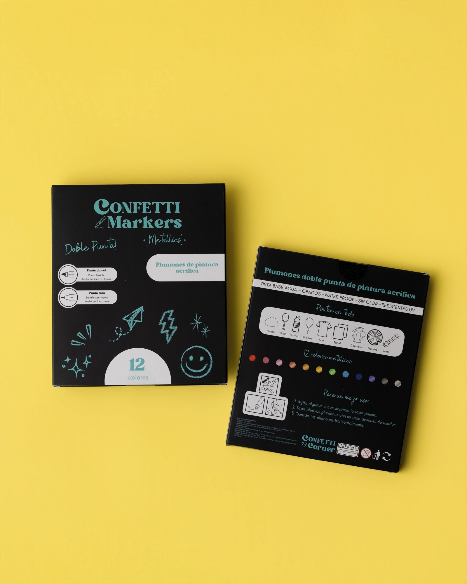 Confetti Markers 12-color metallic double-tip acrylic paint pen set in black box