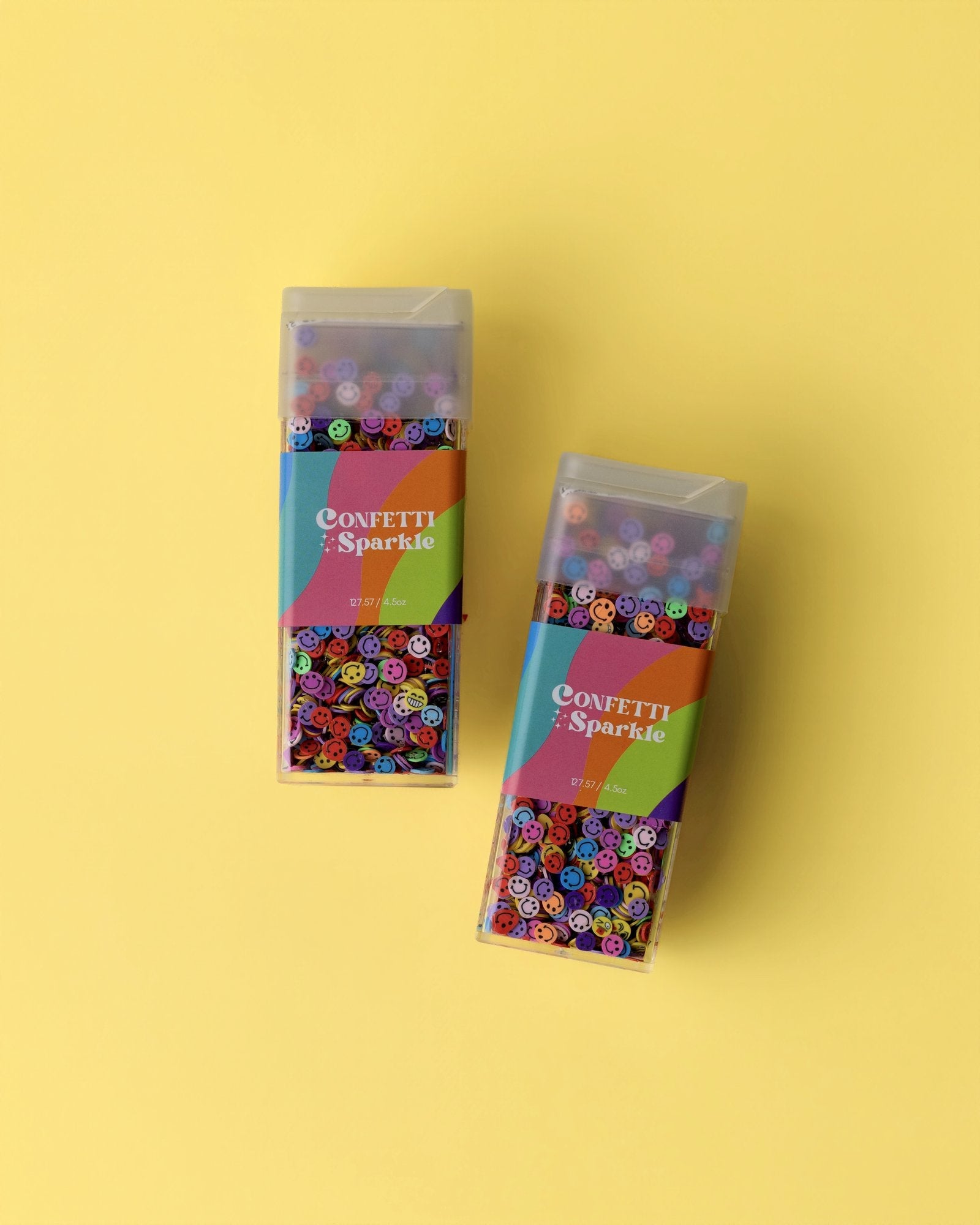 Confetti Sparkle shaker jar filled with colorful smiley-face emoji confetti
